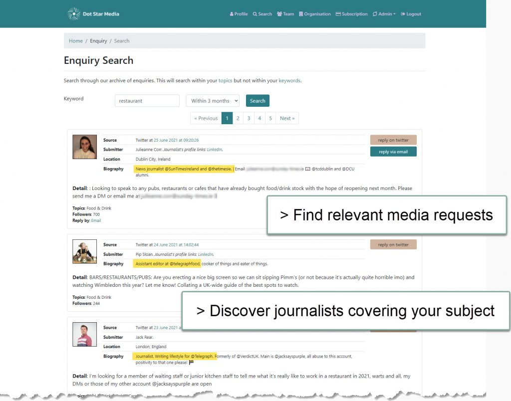 Journalist request enquiry Search