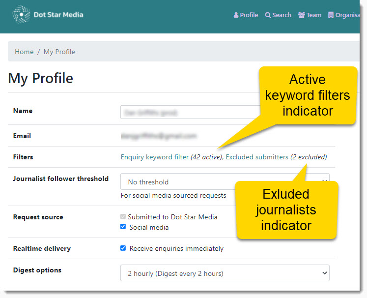 Active filter indicators for journalist requests