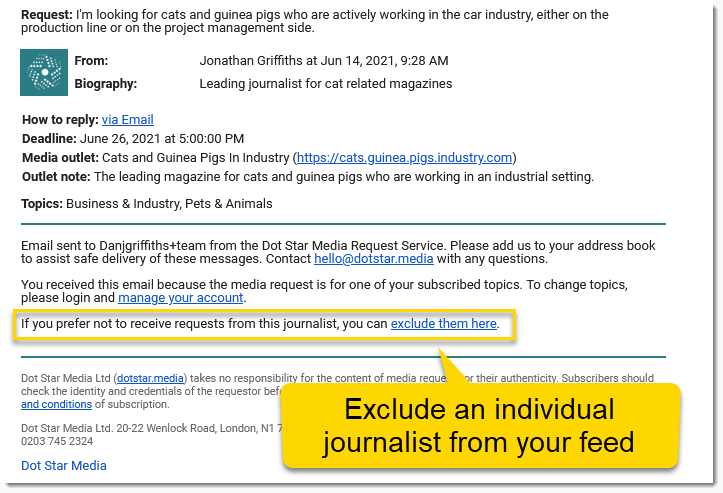 Journalist request sender filter