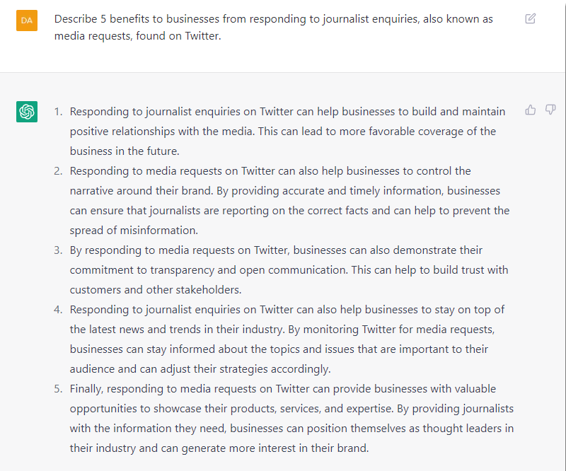 5 reasons businesses should respond to journalist requests, by ChatGPT